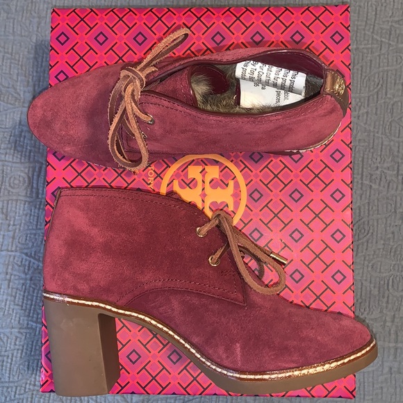 Maroon Fur Lined Tory Burch Hilary Bootie - Picture 2 of 6